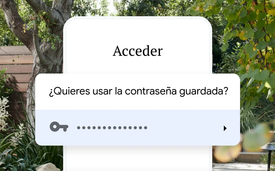 Una página de acceso a un sitio de reservas de viajes con una pregunta sobre usar una contraseña guardada. En el fondo, hay una imagen de la naturaleza.