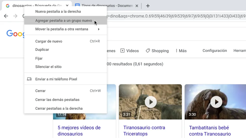 Ventana del navegador Chrome con un cuadro de diálogo que muestra la creación de un grupo nuevo de pestañas.